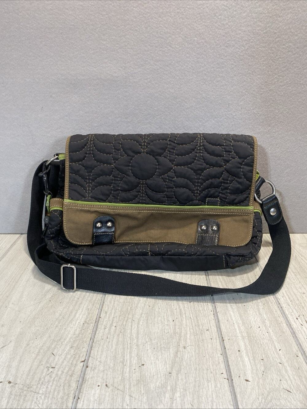 Fossil KeyPer Black Green Floral Quilted Padded Laptop Messenger Bag Crossbody